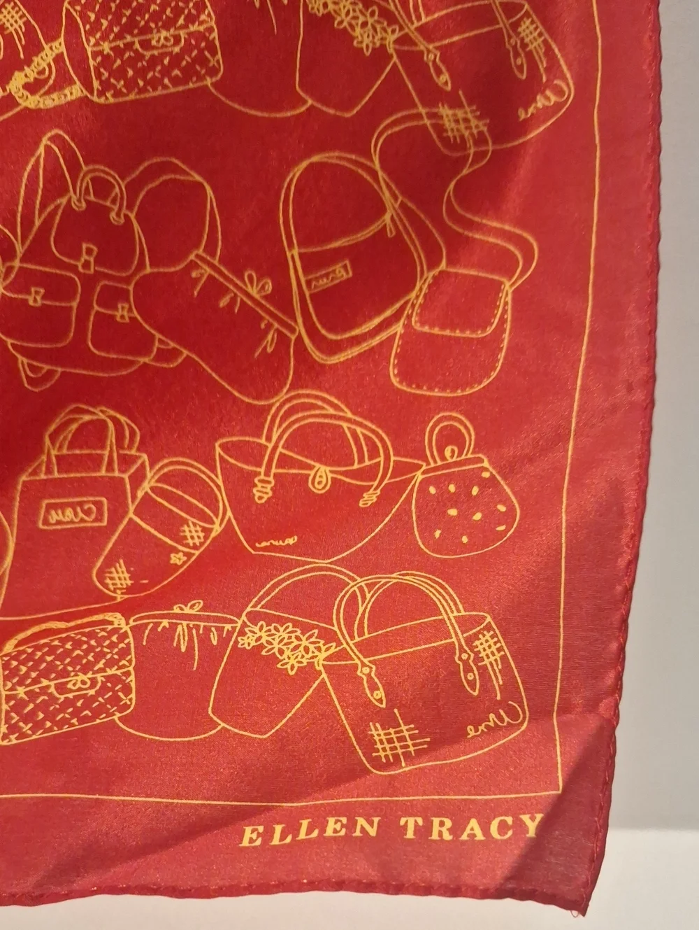 Ellen Tracy Red Square Scarf with Gold Handbag Motif